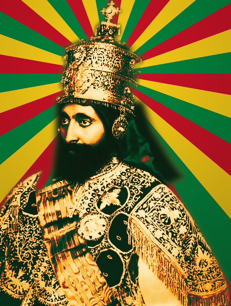 Haile Selassie I in coronation regalia, colorized in red, gold and green